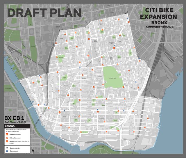 An overview of a draft map of Citi Bike's expansion in Community Board 1 in the Bronx.